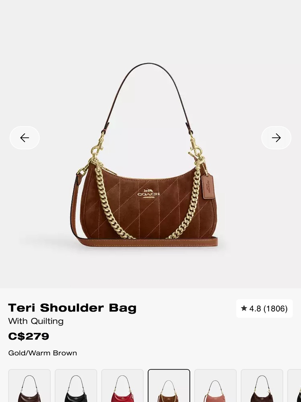 Coach Teri Quilted Shoulder Bag in Warm Brown with Gold Hardware